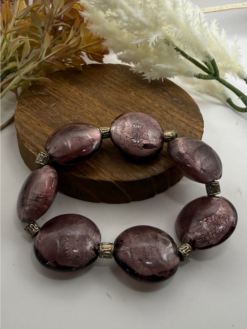 Vintage Murano Foil Art Glass Stretch Bracelet Mauve Purple Lentil Beads Italy